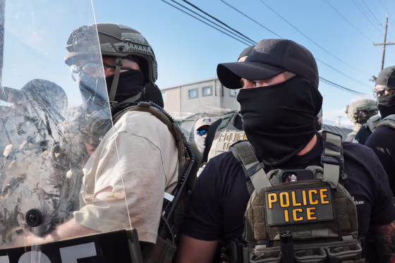 ICE agents outside the federal immigration center at Delaney Hall in Newark, N.J., on May 28, 2026.