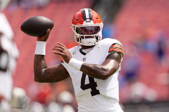 Cleveland Browns quarterback Deshaun Watson warms up before a preseason NFL football game against the Buffalo Bills, Saturday, Aug. 22, 2026, in Cleveland.