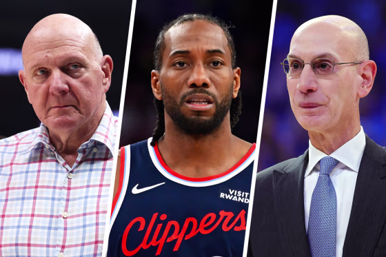 Image: A three part composite image of Steve Ballmer, Kawhi Leonard and Adam Silver