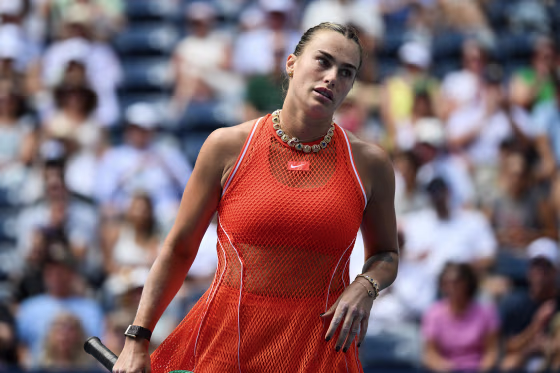 Aryna Sabalenka during a break in gameplay.