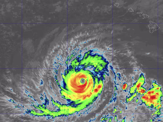 A satellite view of Hurricane Lowell on Saturday. The hurricane center’s forecast cone has Lowell passing just west of the Hawaiian Islands, from south to north, on Monday night.