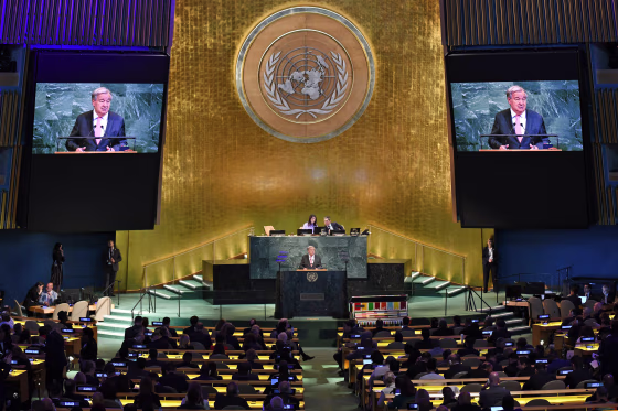United Nations Secretary-General Antonio Guterres addresses a UN General Assembly special session in 2025.