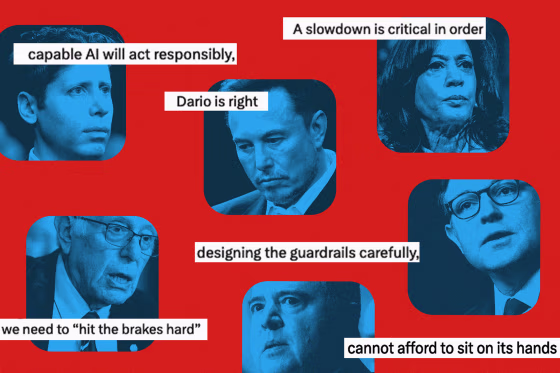 Photo illustration featuring Sam Altman, Elon Musk, Bernie Sanders, Mike Johnson, Kamala Harris, and Adam Schiff