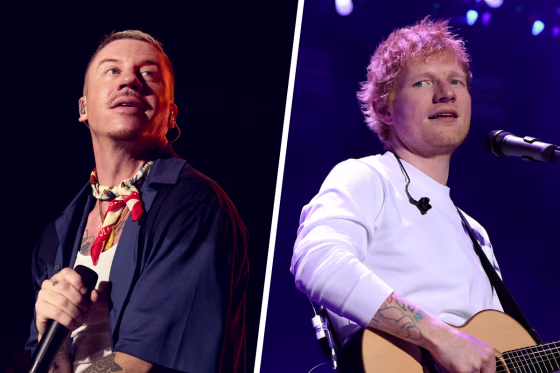 A two-part composite photo of Macklemore and Ed Sheeran.