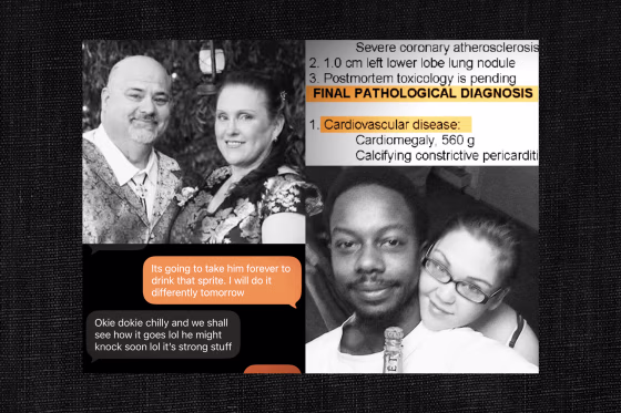 A photo illustration with a quadrant of photos in the center showing a couples' photo of Marsha Allen and Harold Allen, top left, close up text of an autopsy report, top right, a text chain about poisoning Harold Allen, bottom left, and a couples selfie of Ty Jones and Ashley Jones, bottom right.