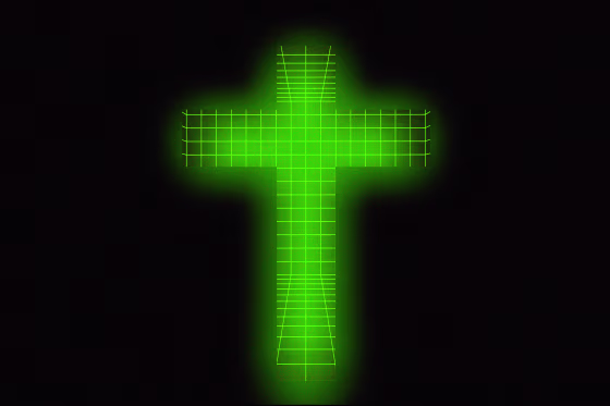 A cross made of a 3D grid, glowing green.