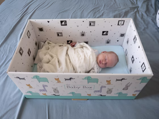Newborn baby sleeping in a baby box