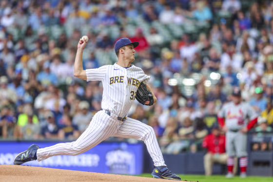Milwaukee Brewers pitcher Jacob Misiorowski during a game between the Milwaukee Brewers and the St. Louis Cardinals on September 27, 2026.