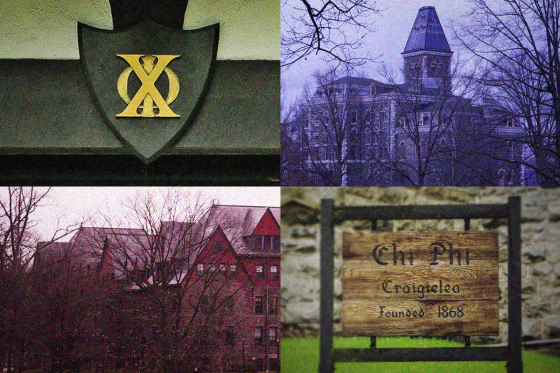 The Chi Phi fraternity house and campus buildings at Cornell University in Ithaca, N.Y.
