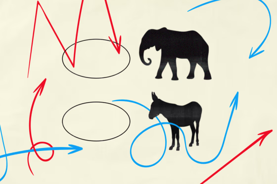 Illustration of ballot bubbles with a Republican elephant and Democratic Donkey; red and blue arrows draw around each option, pointing different ways.