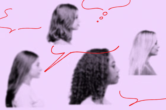Photo illustration of blurry, young women with abstract conversation bubbles hovering over them