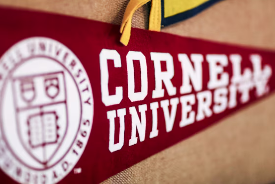 A red banner for Cornell University is displayed in a classroom