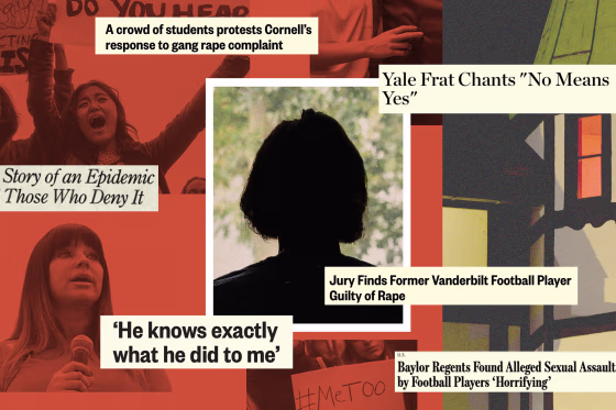 Photo collage of women protesting alongside headlines related to campus sexual assault 