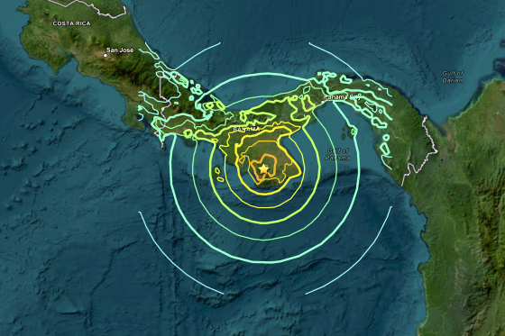 Map of Panama showing earthquake radius.