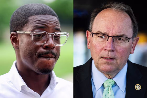 Split image of David Crowley and Tom Tiffany, two Wisconsin governor's race candidates.
