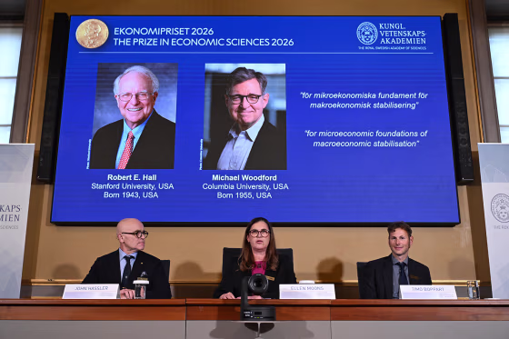 U.S. macroeconomists Robert E Hall and Michael Woodford win the 2026 Sveriges Riksbank Prize in Economic Sciences in Memory of Alfred Nobel in Stockholm on Oct. 12, 2026. 