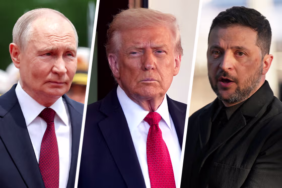 Image: A three-part composite image of Putin, Trump and Zelensky.