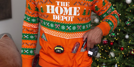 Home Depot’s holiday sweater has pockets for all the tools that come with it.