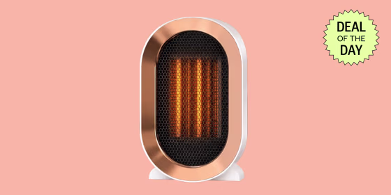 The space heater has a no-tip base and an auto shut-off for safety.