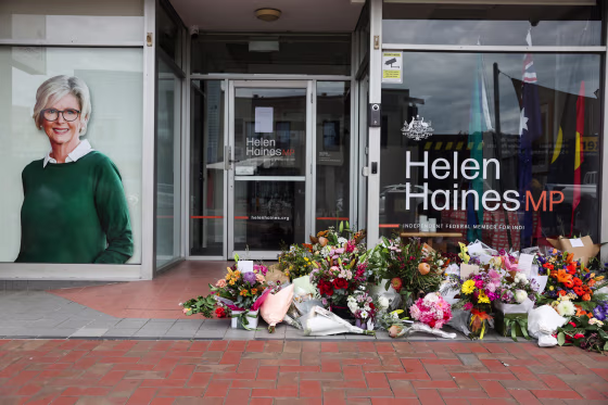 Floral arrangements outside Australian lawmaker Helen Haines.
