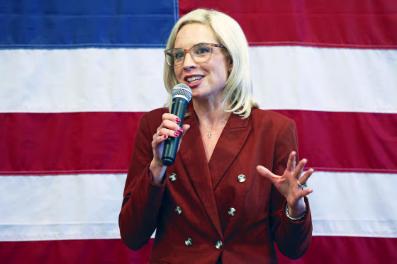 Image: Ashley Hinson standing in front of a USA flag holding a microphone.