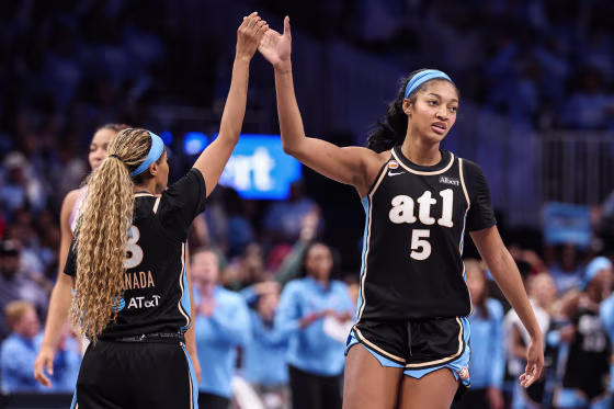 Angel Reese #5 and Jordin Canada #3 of the Atlanta Dream.