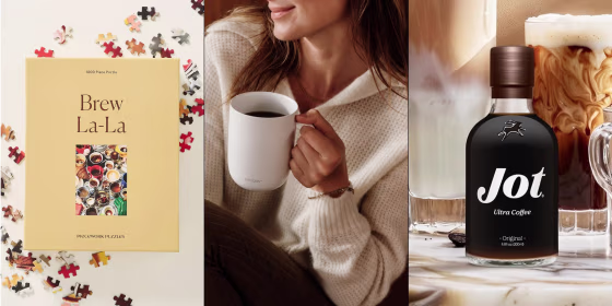 Beans are fine, but  coffee-themed gifts like flavored syrups and mug-shaped plushies are more creative.
