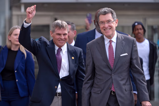David Hearn leaves courthouse with raised fist