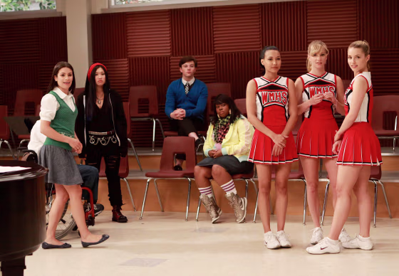 Lea Michele, Jenna Ushkowitz, Chris Colfer, Amber Riley, Naya Rivera, Heather Morris and Dianna Agron in "Glee."