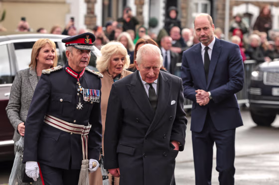 King Charles III, Queen Camilla and Prince William arrive at Aberfan Memorial Garden on Oct. 21, 2026 in Merthyr Tydfil, Wales.