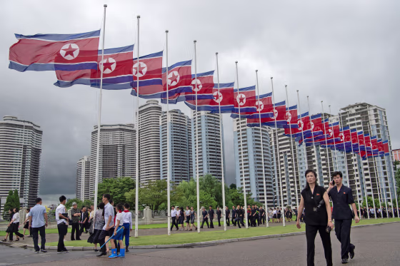 North Korean flags in Pyongyang on July 8, 2026.