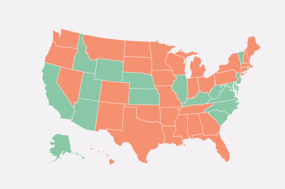 States with criminal statutes of limitations for adult rape (orange) and no statutes (green)