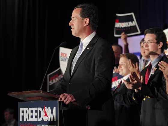 Republican presidential candidate Rick Santorum addresses supporters at his Wisconsin and Maryland primary night rally in Mars, Pennsylvania, April 3, 2012.