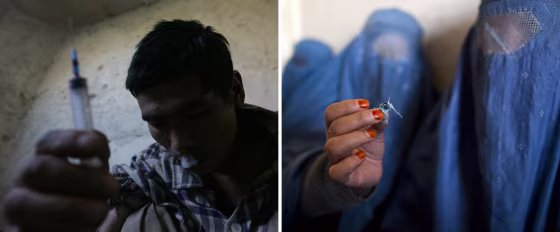 Left: A drug addict in Kabul smokes for an additional kick after injecting himself with heroin, Aug. 2007. Image: Saurabh Das / AP Right: An Afghan woman holds up opium as she attends a counseling session at the Nejat drug rehabilitation center, Jan. 2012. Image: Ahmad Masood / Reuters