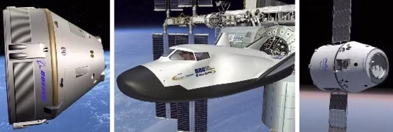 Among the spaceship projects receiving NASA support are Boeing Co.'s CST-100 capsule (left), Sierra Nevada Corp.'s Dream Chaser space plane (middle) and SpaceX's Dragon capsule (right).