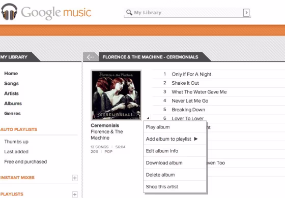 Screenshot of the latest addition to album/song options on Google Music