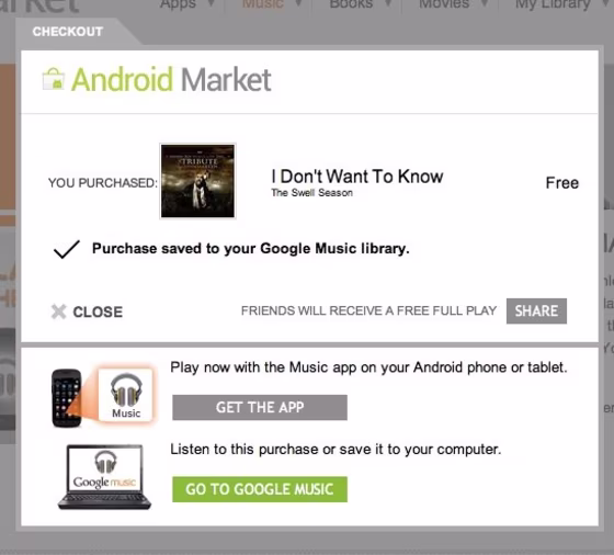 The checkout screen of Google Music, once you've added a song