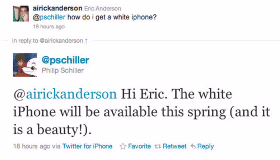 Apple exec Phil Schiller confirmed the white iPhone's spring arrival in a recent tweet.