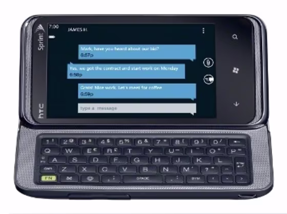 HTC's Arrive has a landscape QWERTY keyboard.