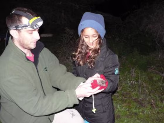 Asaf Tsoar of the Hebrew University of Jerusalem and the daughter of Prof. Ran Nathan hold one of the bats used in the study of how these mammals are able to