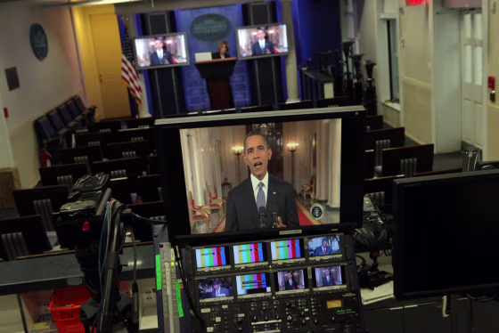 WASHINGTON, DC - JUNE 22: (AFP-OUT) U.S. President Barack Obama is seen on live television screens in the Brady Press Briefing Room at the White House June 22, 2011 in Washington, DC. Obama announced he will order 10,000 troops to pull out of Afghanistan this year, and another 20,000 troops by the end of next summer. (Photo by Chip Somodevilla/Getty Images)