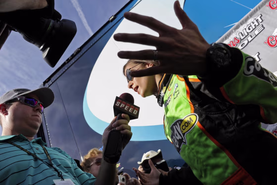 NASCAR Nationwide Series driver Danica Patrick speaks to the media after winning the pole for the Nationwide DRIVE4COPD 300 at Daytona International Speedway in Daytona Beach, Florida, February 24, 2012. REUTERS/Brian Blanco (UNITED STATES - Tags: SPORT MOTORSPORT)