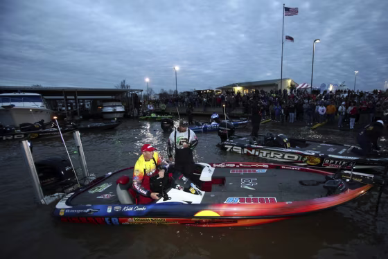 Kevin Combs, of Huntington, Texas, prepares for the start of the Bassmaster Classic fishing tournament, Friday, Feb. 24, 2012, at the Red River South Marina and Resort in Bossier City, La. (AP Photo/Mike Silva)