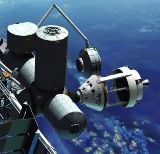 The International Space Station's robotic arm extracts the Liberty Logistics Module in this artist's concept.