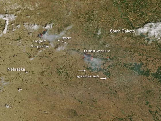 This satellite-based image shows the ravines where the main Nebraska fire is centered.