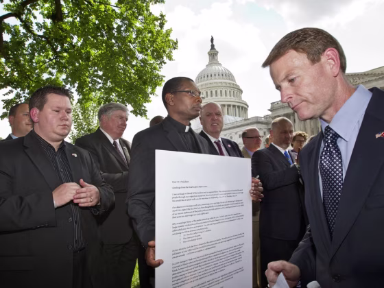Family Research Council President Tony Perkins denounces gay marriage as a group of pastors from across denominational lines gather on Capitol Hill in Washington, Thursday, May 24, 2012.