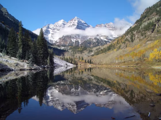 Maroon Bells reflecting into Maroon Lake in Aspen, Colo.