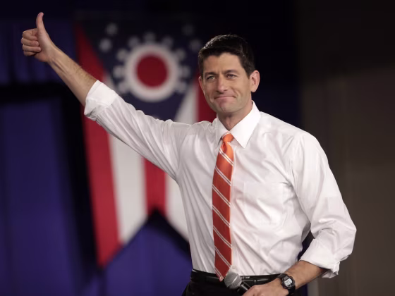 Republican vice presidential candidate, Rep. Paul Ryan gives a thumbs up to supporters at the Veterans Memorial Civic & Convention Center in Lima, Ohio on Monday, Sept. 24.