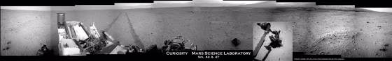 A 360-degree panorama, stitched together from Curiosity images, shows the rover and its surroundings in the Sept. 20-23 time frame. Curiosity conducted its first contact-science experiments on a rock designated Jake Matijevic, which was named after a recently deceased member of the rover team at NASA's Jet Propulsion Laboratory. The overall panorama shows the rock named Jake just right of center, and an inset photograph shows the rover's instrument turret examining the rock. Click on the image to see a higher-resolution version.