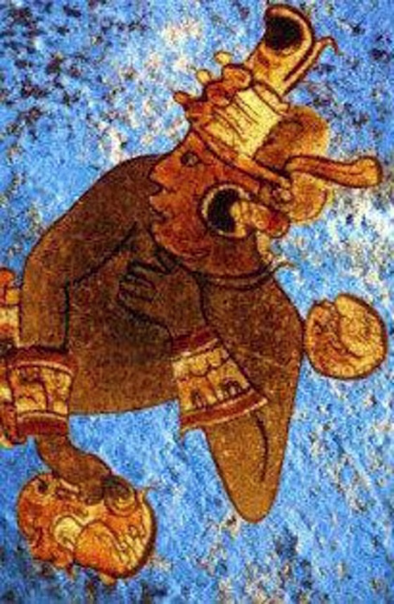 Maya Blue on an ancient Maya mural. Scientists have solved the mystery of how the Maya concocted this pigment.